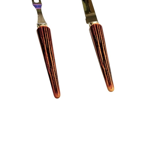 Vtg Carving 70s Fork Knife Set Faux Wood Textured Handle Stainless Steel USA - Picture 4 of 10